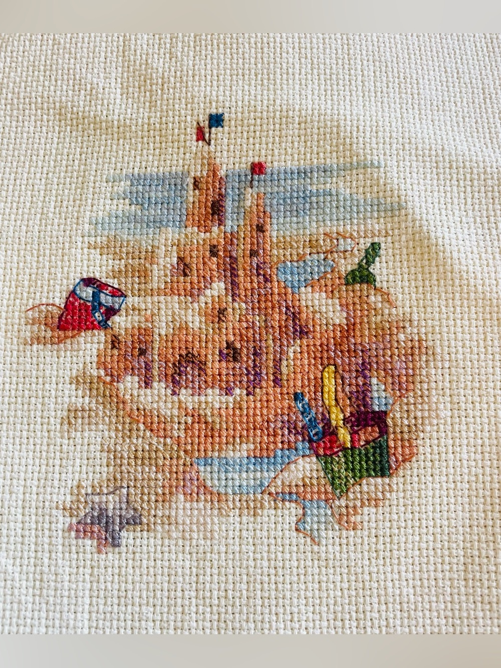 Handmade Throw Pillow w Cross Stitch Sand Castles on the Beach & Toys 14x14